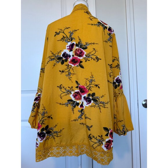 Bohemian Floral Kimono Cardigan 3XL Yellow With Lace Trim Bell Sleeves Boho Bold - Picture 2 of 8